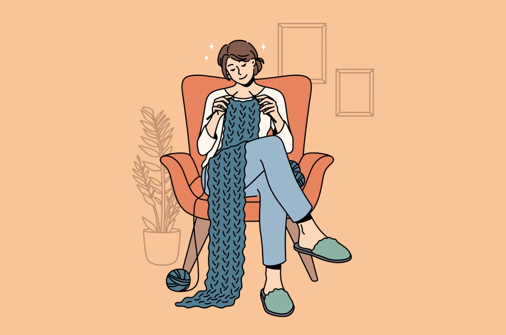 Knitting and Home hobbies concept. Young smiling woman cartoon character sitting at home in armchair knitting scarf with wool enjoying hobby vector illustration . Home hobbies and knitting concept