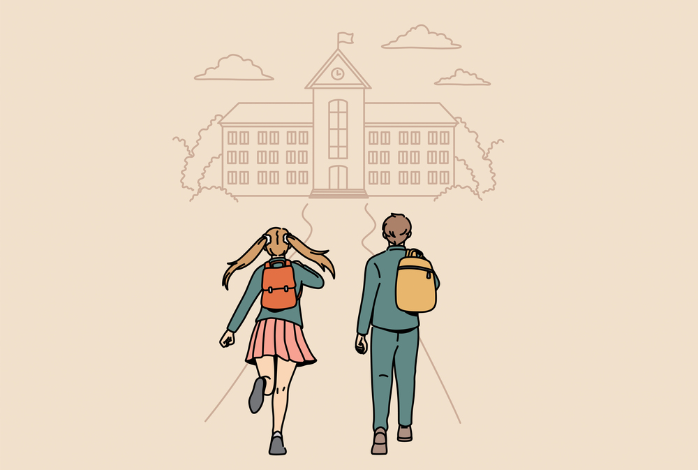 Back to school and education concept. Small boy and girl running backwards to school feeling positive and happy vector illustration . Back to school and education concept