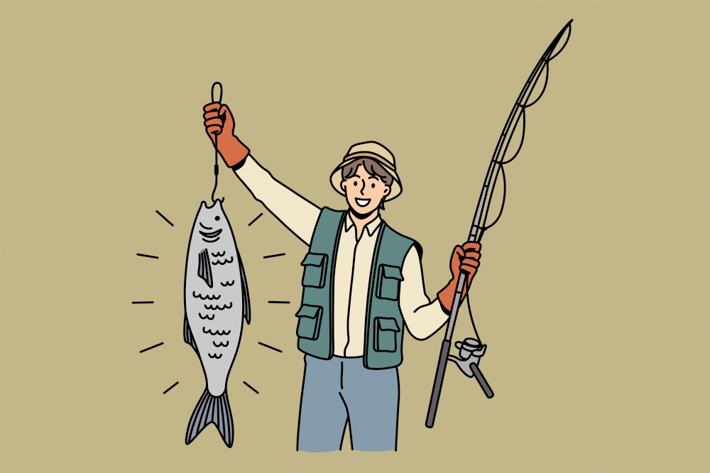 Great catch during fishing concept. Young smiling man cartoon character standing holding huge fish during fishing feeling lucky positive vector illustration . Great catch during fishing concept.