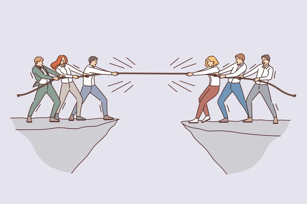 Business team and competition concept. Groups of business people teams coworkers competing with rope from opposite sides of abyss vector illustration . Business team and competition concept.