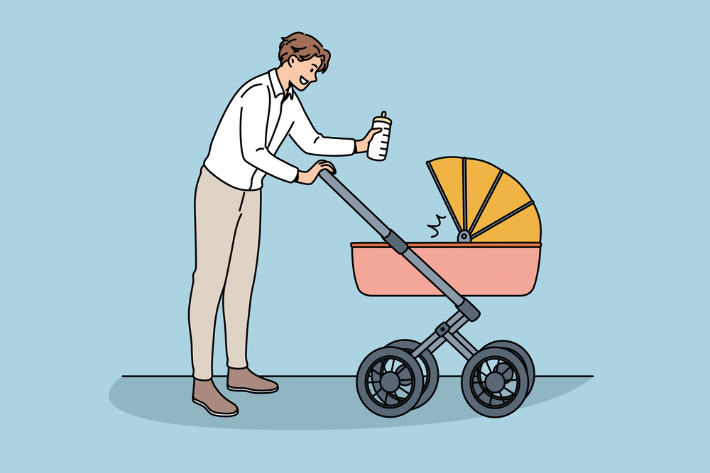 Happy fatherhood and communication with baby concept. Young smiling man father cartoon character walking with stroller and newborn baby inside vector illustration . Happy fatherhood and communication with baby concept.