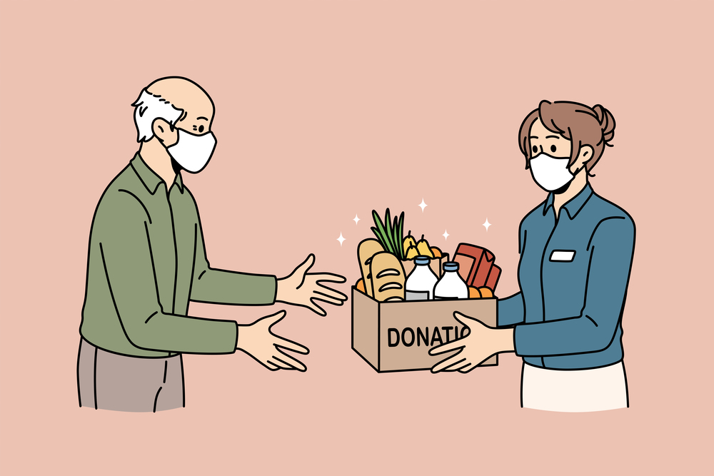 Charity and donating food concept. Young woman volunteer in medical protective mask giving Box with donation word full of products food for elderly man vector illustration . Charity and donating food concept