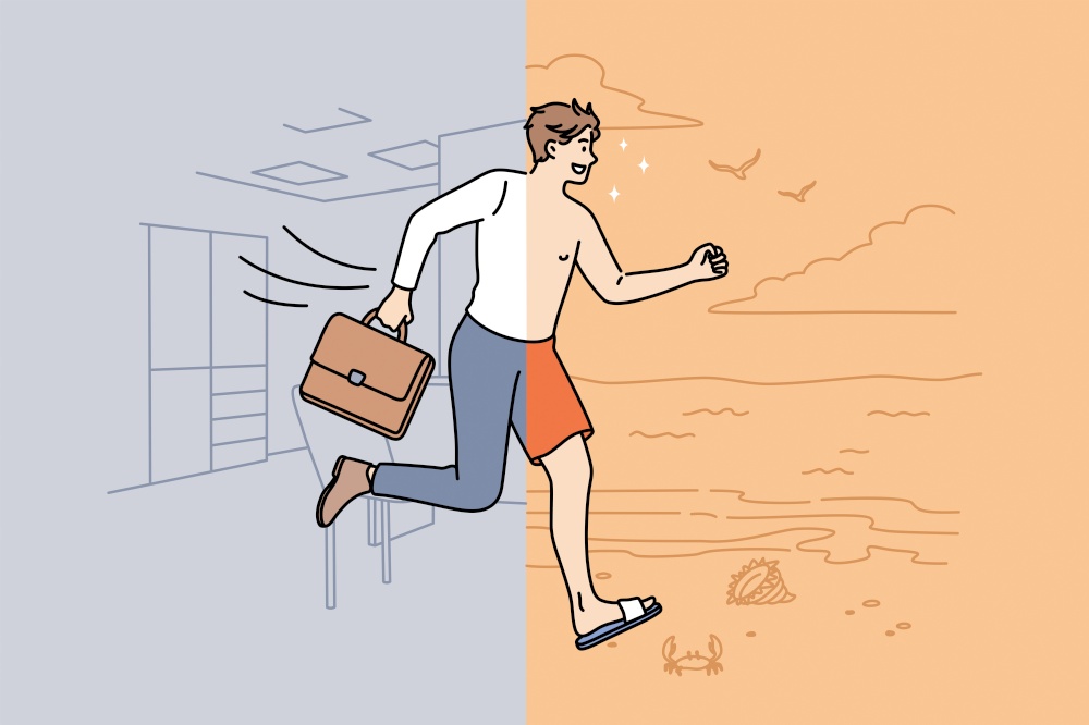 Waiting for vacations and rest concept. Young smiling business man half wearing official suit in office half running to beach in swimwear vector illustration . Waiting for vacations and rest concept.