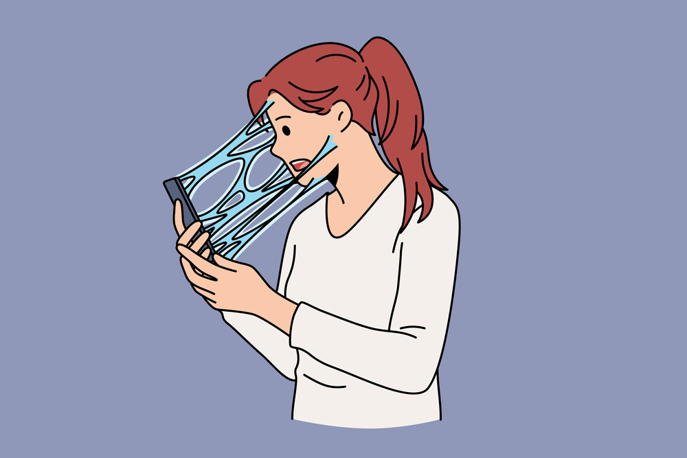 Addiction to internet and phone concept. Young stressed woman cartoon character standing feeling connected to screen phone with liquid vector illustration . Addiction to internet and phone concept.