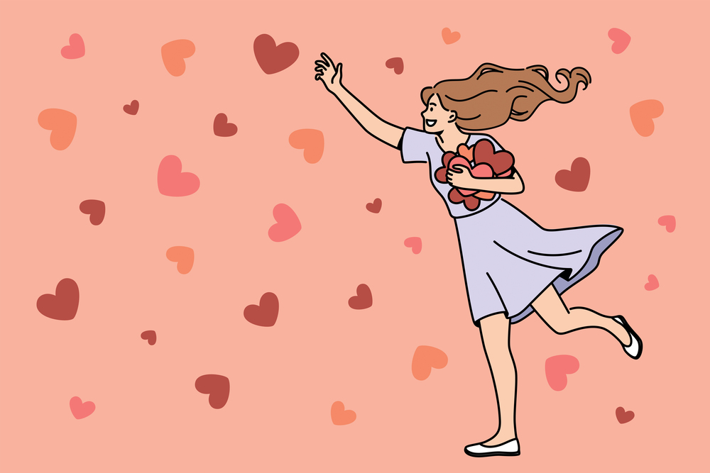 Heart, love and happiness concept. Young smiling woman cartoon character walking collecting red hearts in hands feeling love vector illustration . Heart, love and happiness concept.