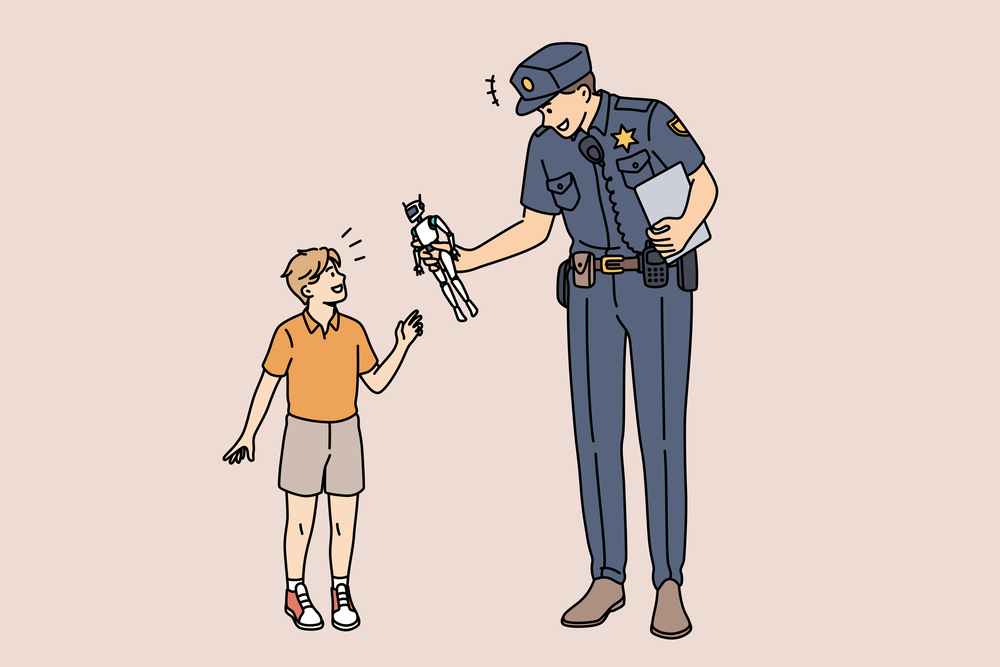 Education and policeman force concept. Young smiling policeman cartoon character standing giving toy robot to happy small boy taking care vector illustration . Education and policeman force concept