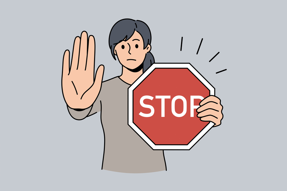 Stop sign and rejection concept. Young serious woman cartoon character standing with red sign stop in hands and showing her palm with refusing emotion vector illustration. Stop sign and rejection concept.