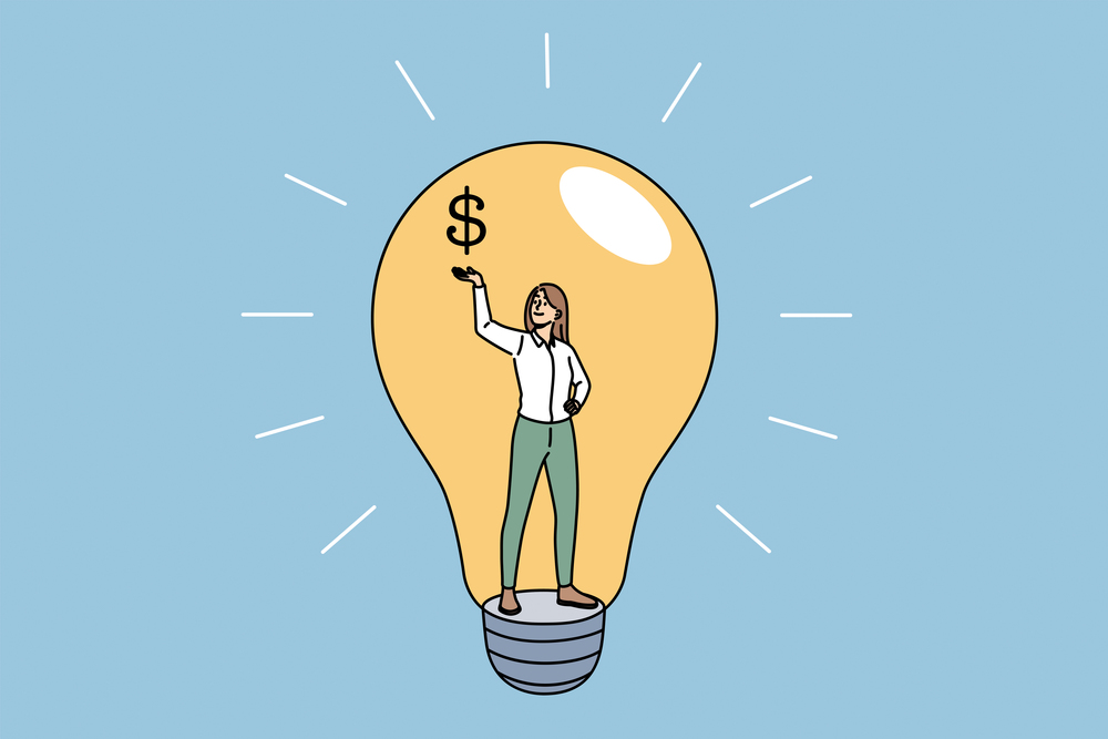 Idea, creativity and profit concept. Young smiling business woman standing inside of light bulb holding dollar sign on raised hand vector illustration . Idea, creativity and profit concept.