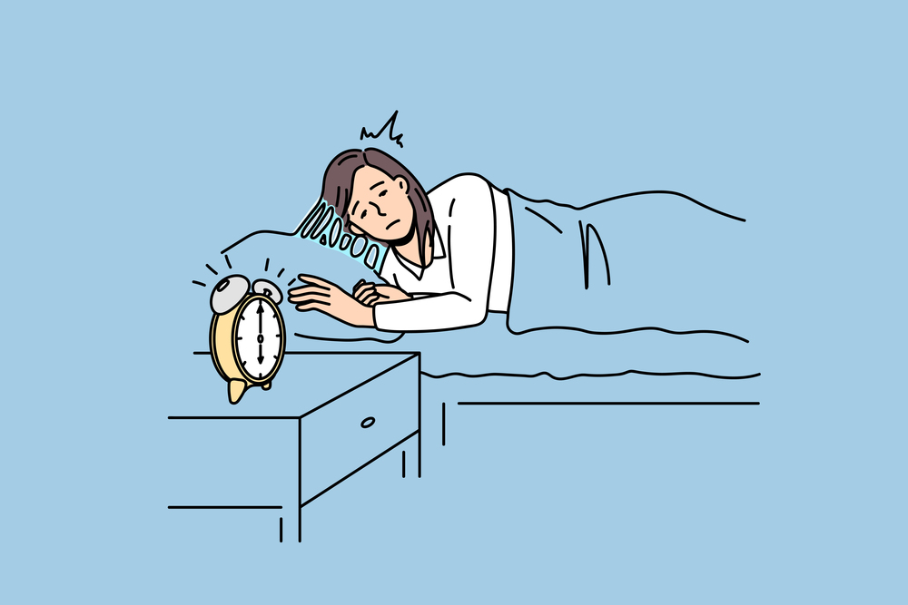Feeling sleepy and alarm clock concept. Young sleepy woman staying in bed trying to wale up with alarm clock beats at six in morning vector illustration . Feeling sleepy and alarm clock concept