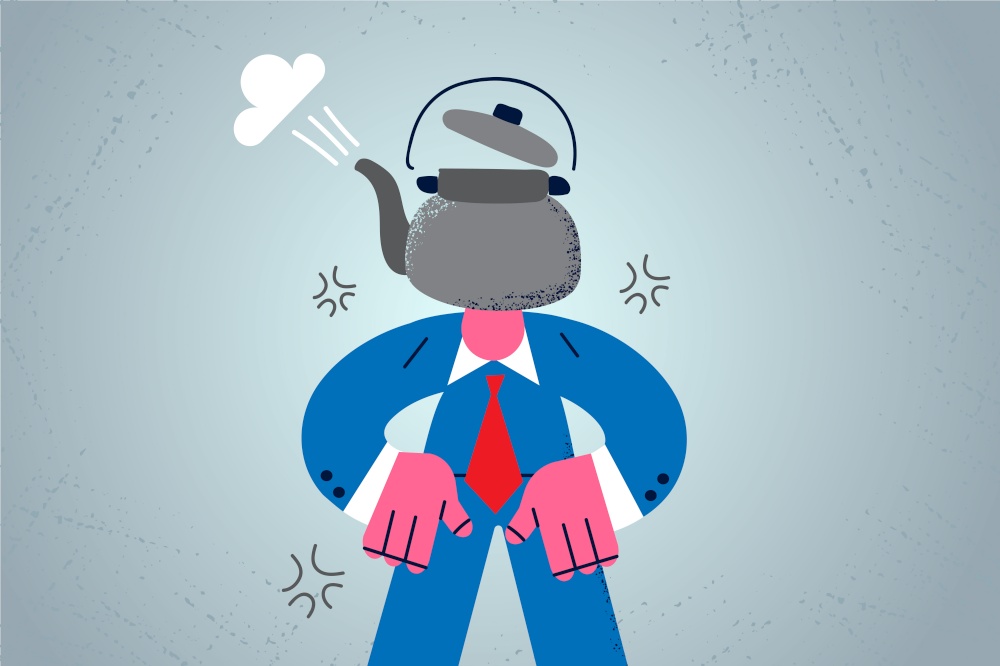 Stress, overwork and exhaustion concept. Businessman cartoon character standing with kettle on head feeling stressed vector illustration . Stress, overwork and exhaustion concept.