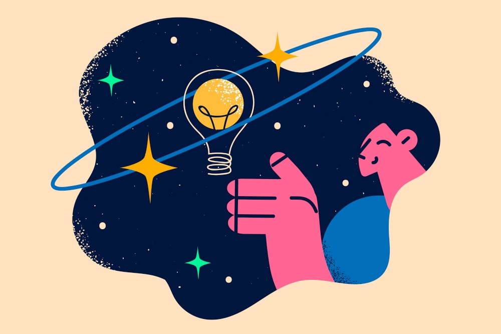 Idea, creativity and space concept. Young smiling woman cartoon character reaching for light bulb levitating in outer space vector illustration . Idea, creativity and space concept