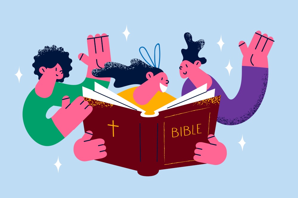 Religious education and church concept. Group of smiling happy children reading bible book together for religion development vector illustration . Religious education and church concept.