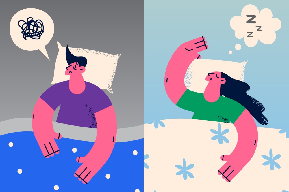 Man and woman lying relaxing in bed sleep peacefully and having insomnia. People with speech bubbles above heads, asleep or take nap and suffer from vigilance. Relaxation and tiredness. . Man and woman in bed have good and bad sleep