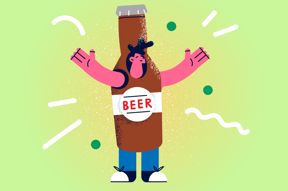 Smiling man dressed in beer costume advertise product