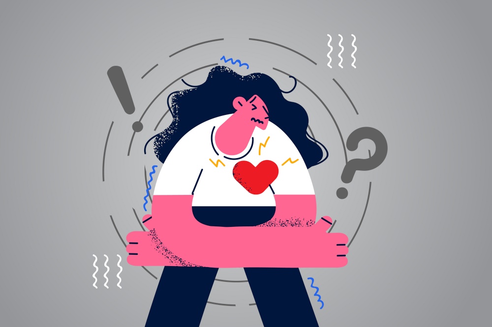 Stressed young woman feel depressed suffer from relationship breakup or divorce. Unhappy sad girl struggle with miscarriage or abortion. Depression or mental life problem. Flat vector illustration. . Stressed woman feel depressed suffer from breakup