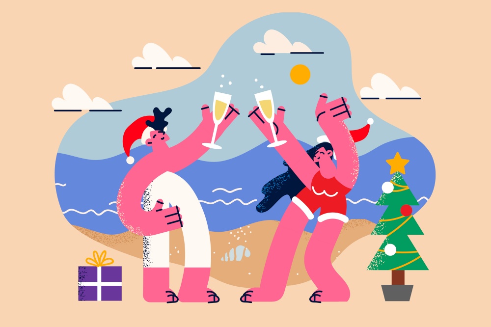 Happy couple in swimwear have fun celebrate New Year in warm country. Overjoyed man and woman enjoy Christmas celebration on tropical resort on beach. Vacation concept. Vector illustration. . Happy couple celebrate New Year on tropical resort