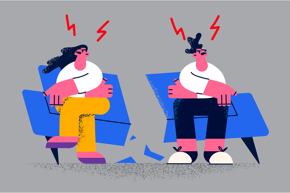 Angry couple sit separately on broken couch have family misunderstanding, think or divorce or breakup. Mad unhappy man and woman quarrel fight at home. Marriage dissolution. Vector illustration.. Angry couple sit on broken couch have fight
