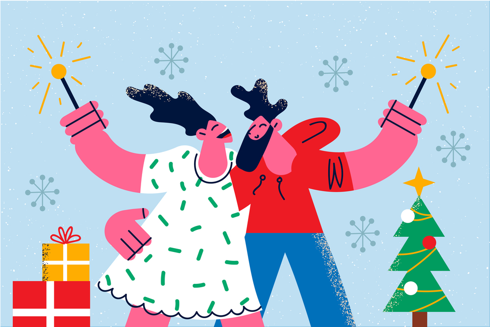 Happy couple lovers hug celebrate Christmas holiday together. Smiling man and woman have fun embrace enjoy New Year party or celebration. Entertainment, winter vacation. Vector illustration. . Happy couple lovers hug celebrate New Year
