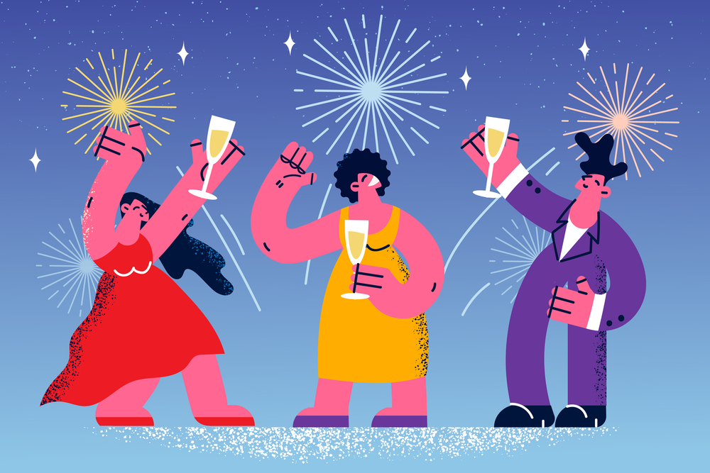 Happy people drink champagne celebrate New Year together. Smiling men and women have fun enjoy Christmas party or celebration with fireworks. Festive time. Flat vector illustration. . Happy people have fun celebrate New Year together
