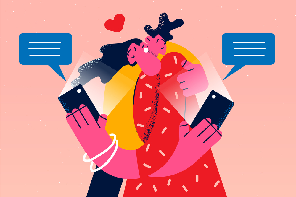 Young couple lovers hug text message online on smartphone behind each other back. Man and woman cheating on internet on cellphone. Disloyalty in relationship. Flat vector illustration. . Couple lovers cheating online on smartphone device
