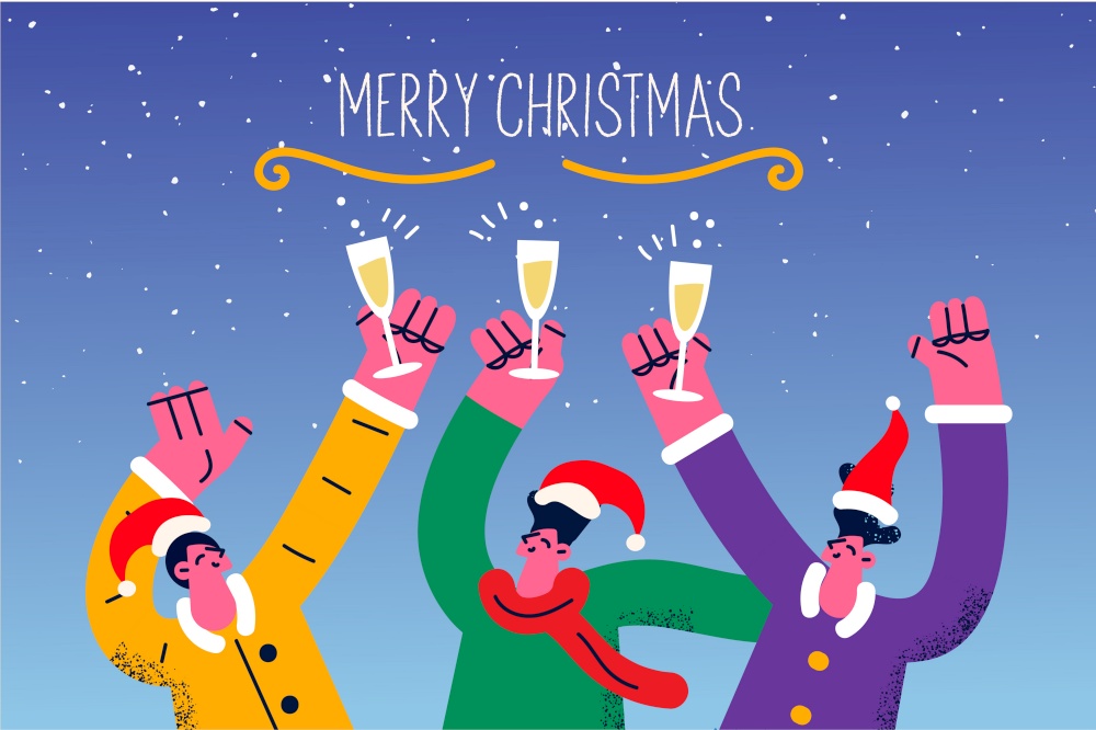Overjoyed people celebrate New Year drink champagne cheers on party together. Happy friends have fun during Christmas celebration. Winter holiday or vacation. Flat vector illustration. . Happy people drink champagne celebrate New Year