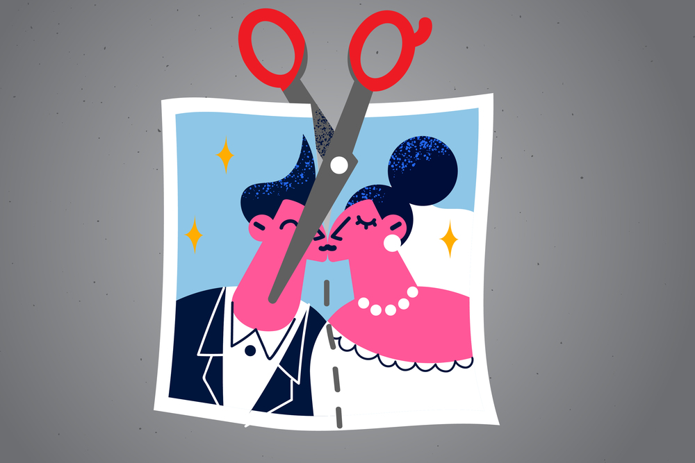 Scissors cut couple marriage photograph. Spouses get divorced having relationship problems. Man and woman separated breakup relations. Separation and love end. Flat vector illustration. . Scissors cut couple marriage photograph with spouses get divorced