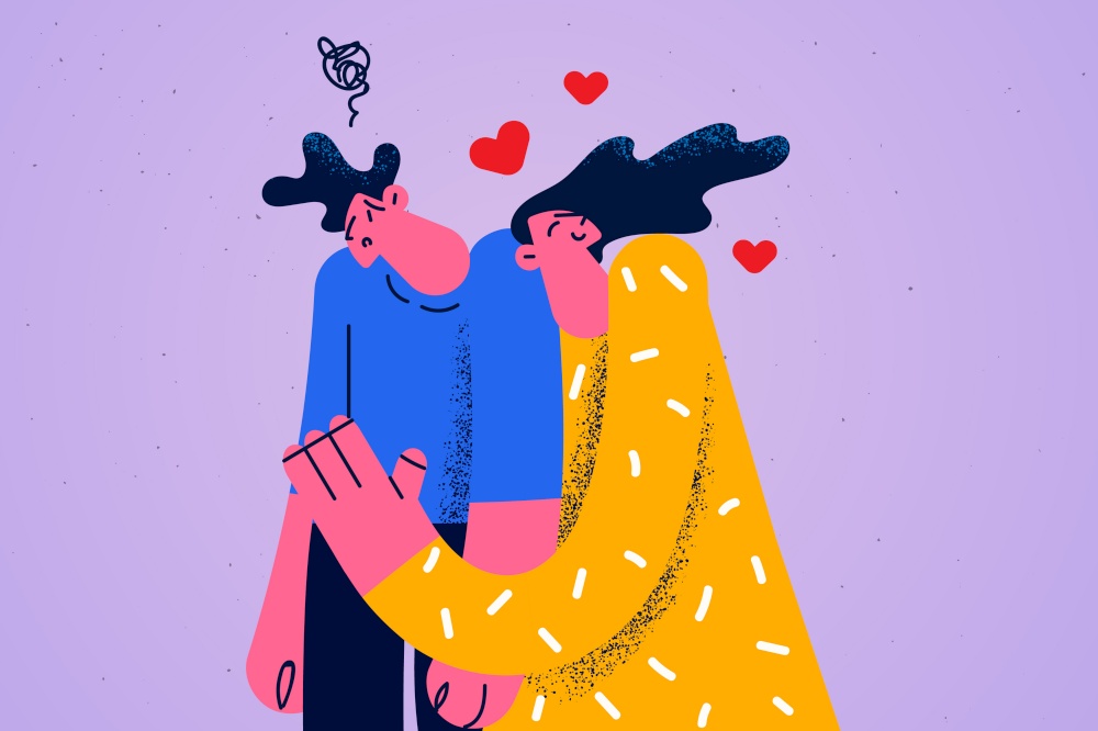 Young woman hug cuddle confused man show love and affection. Couple relationship problems. One-sided unshared feeling. Husband think of divorce or breakup with wife. Flat vector illustration. . Woman hug embrace man feeling confused