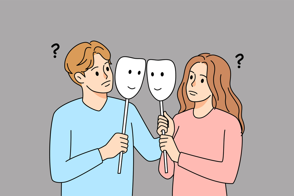 Couple with face masks involved in fake relationships. Man and woman hide feelings of real relations. Artificial emotions concept. Vector illustration.. Couple with masks in fake relationships