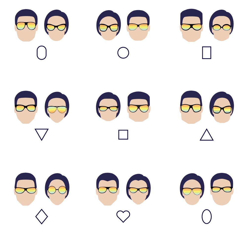 Sunglasses shapes for man. Types of sunglasses for different man face - square, triangle, circle, oval, diamond, long, heart, rectangle. Vector icon set.