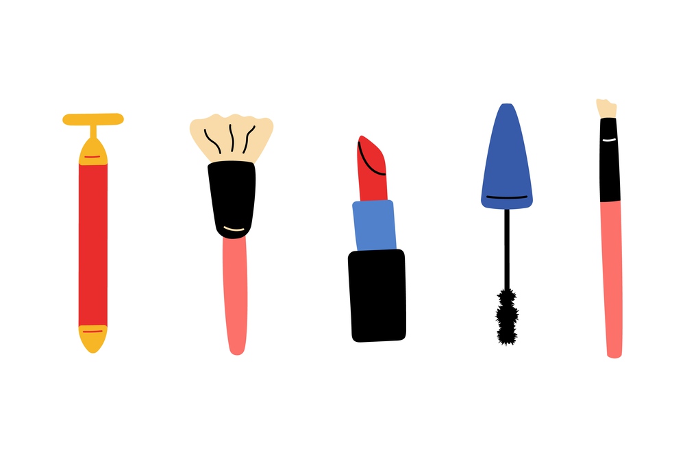 Makeup tools. Doodle women cosmetic products. Blush and eyeshadow brushes. Lipstick or mascara. Face skin care. Glamour lady. Abstract minimalist sketch. Vector isolated female beauty accessories set. Makeup tools. Doodle women cosmetic products. Face blush and eyeshadow brushes. Lipstick or mascara. Glamour lady. Abstract minimalist sketch. Vector isolated female beauty accessories set