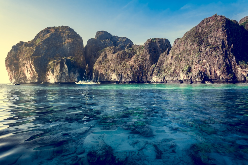 Cliff and the clear sea Phi Phi Leh south of Thailand. Picturesque sea landscape.