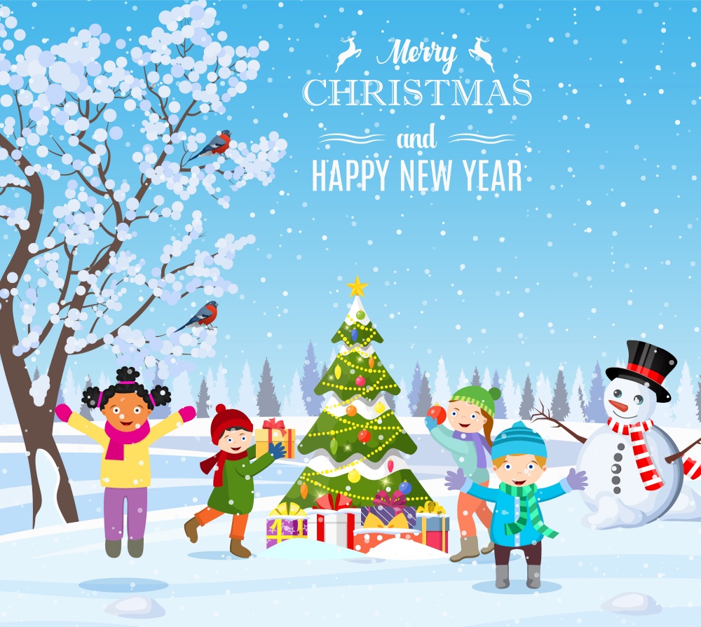 happy new year and merry Christmas greeting card. Christmas landscape. kids decorating a Christmas tree. Winter holidays. Vector illustration in flat style. kids decorating a Christmas tree