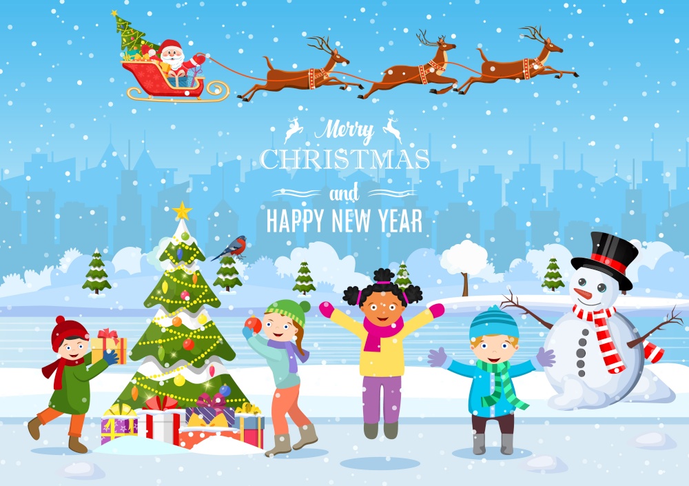 happy new year and merry Christmas greeting card. Christmas landscape. kids decorating a Christmas tree. Winter holidays. Vector illustration in flat style. Children building snowman.