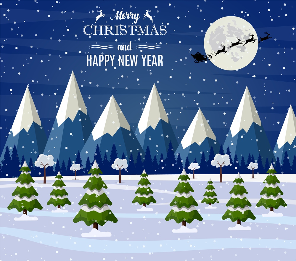 Christmas landscape at night. background with moon and the silhouette of Santa Claus flying on a sleigh. concept for greeting or postal card .. Christmas landscape at night