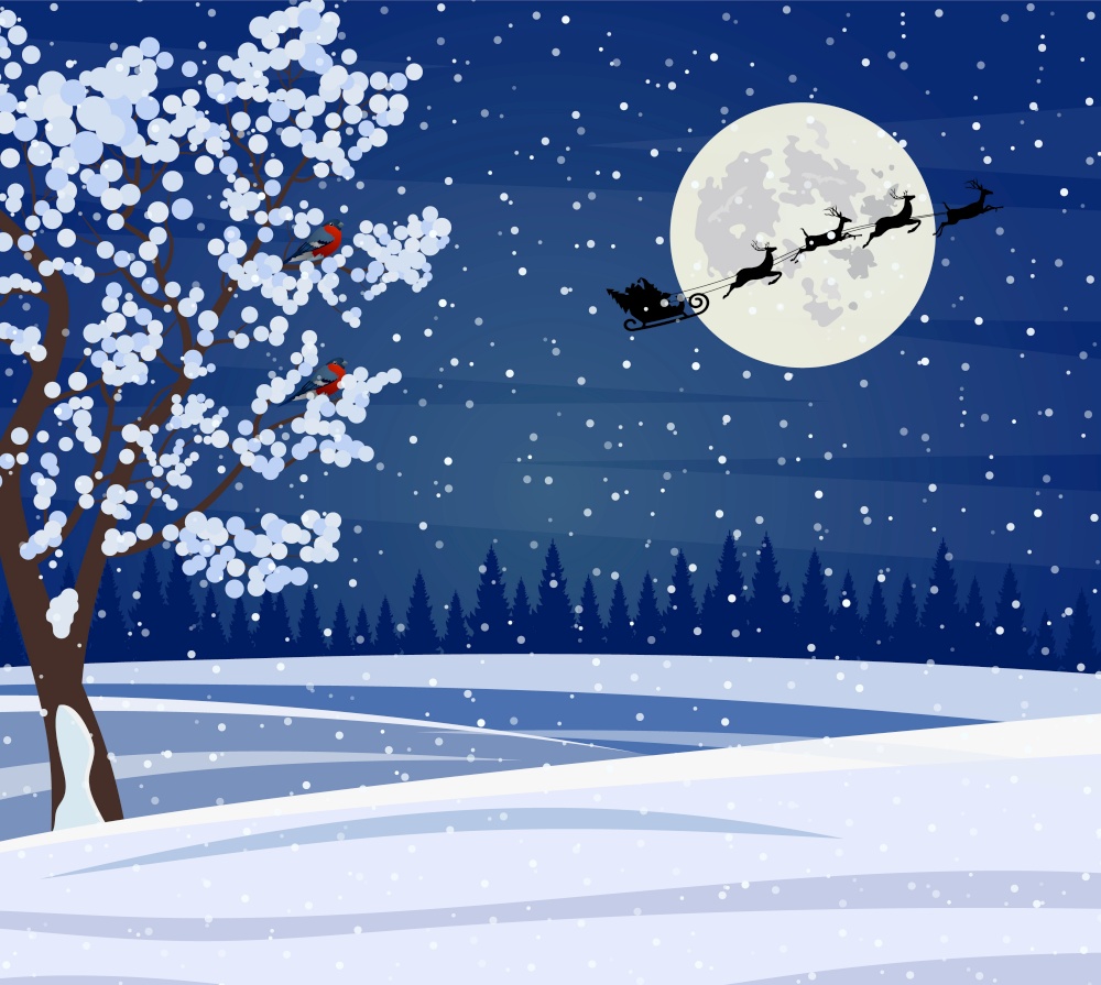 Christmas landscape at night. background with moon and the silhouette of Santa Claus flying on a sleigh. concept for greeting or postal card .. Christmas landscape at night