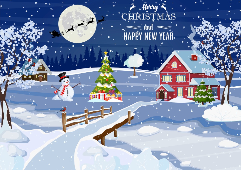 New year and Christmas winter landscape background with christmas tree and giftbox. Vector illustration. snowy village landscape