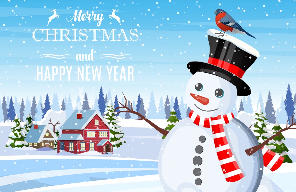 Suburban house covered snow. Christmas landscape tree spruce, snowman. Happy new year decoration. Merry christmas holiday. New year xmas celebration. Vector illustration. Suburban house covered snow.