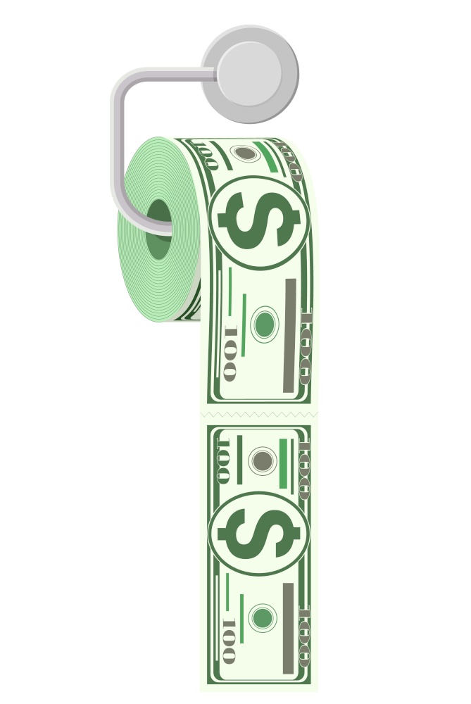 Hank of toilet paper dollar money. Garbage waste investment. Losing or wasting money, overspending, bankruptcy or crisis. Vector illustration in flat style. Hank of toilet paper dollar money.