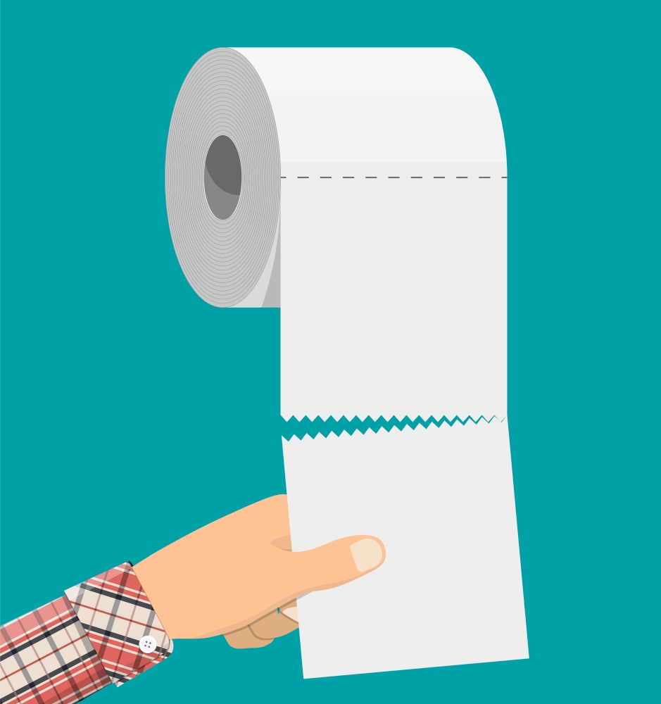 White roll of toilet paper and hand. Hank of paper for toilet. Vector illustration in flat style. White roll of toilet paper and hand.