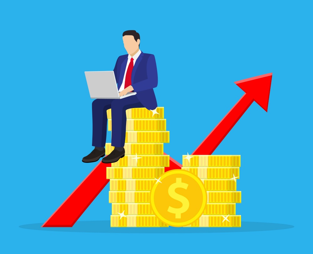 Financial consultantsitting on a stack of coins. Successful investor or entrepreneur. Financial consulting, investment and savings. Vector illustration in flat style. Financial consultantsitting on a stack of coins.