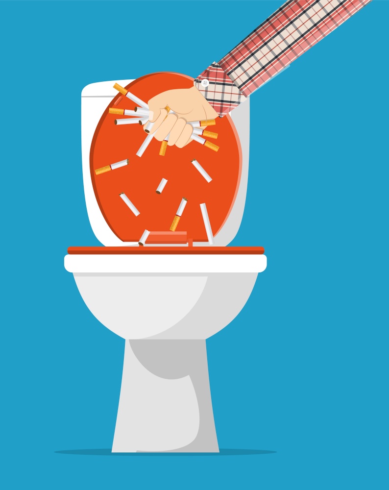 Tobacco abuse concept. Hand putting cigarettes in toilet. No smoking. Rejection, proposal smoke. Vector illustration in flat style.. Tobacco abuse concept.
