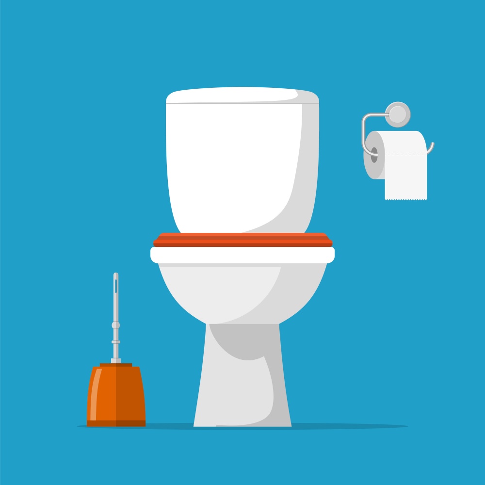 White ceramics toilet, toilet paper and toilet brush. modern toilet set in flat style. Vector illustration. White ceramics toilet,