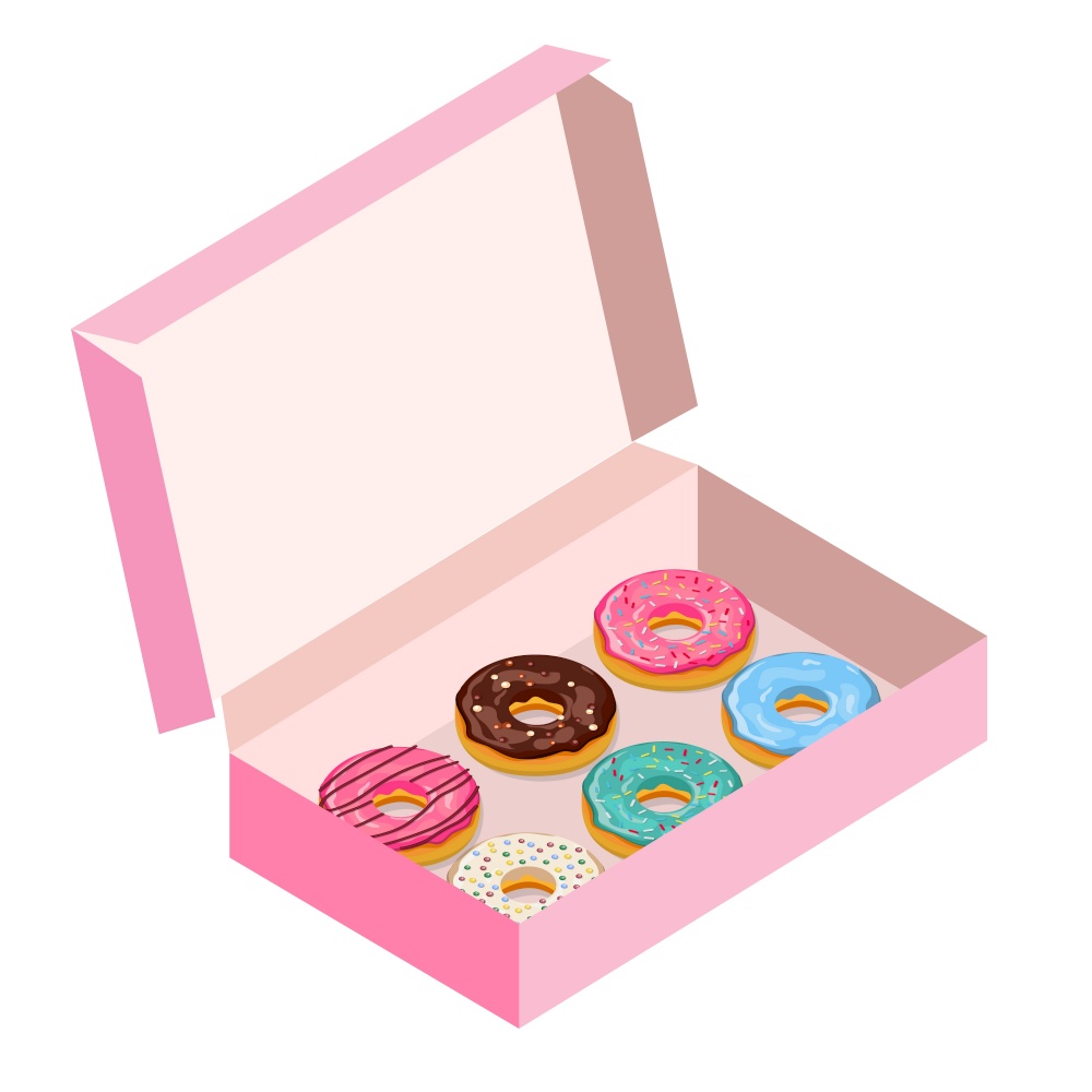 Set of colorful glazed donuts, with pastry powder, in a box. Icons. Isometric. Vector illustration in flat style.. Set of colorful glazed donuts