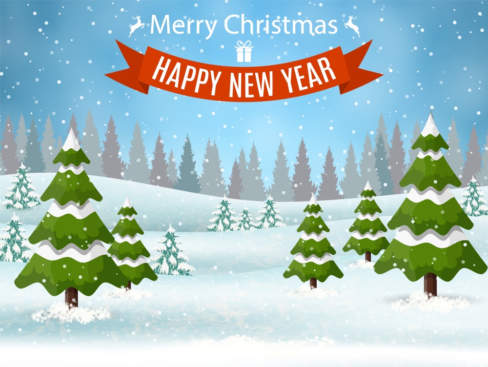 Christmas landscape background with snow and tree. Merry christmas holiday. New year and xmas celebration.. Christmas landscape background with snow and tree
