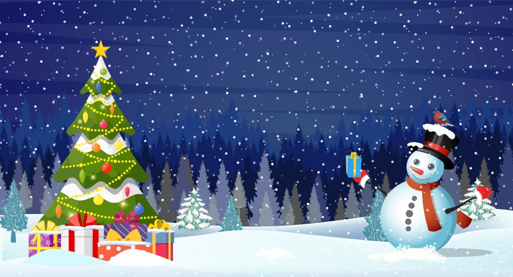 Christmas landscape at night. christmas tree and snowman. concept for greeting or postal card.. Christmas landscape at night