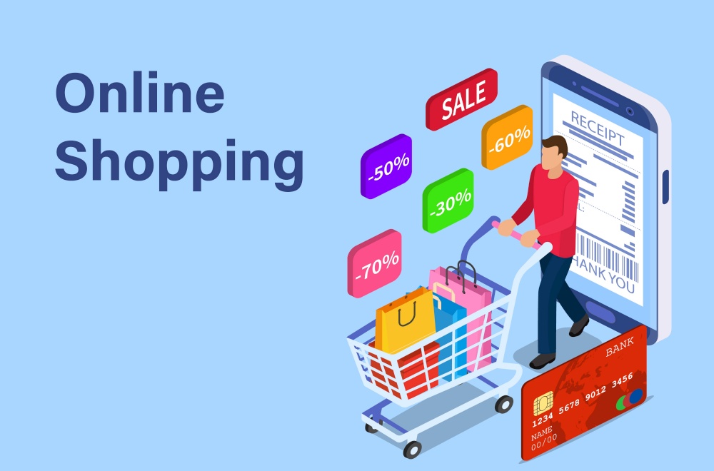 Sale, consumerism and people concept. Young man shop online Landing page template. 3d isometric. Vector illustration in flat style.. Sale, consumerism and people concept.