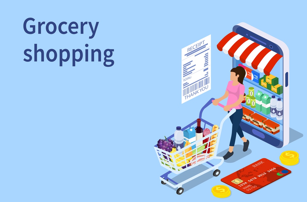 Customer buying in online grocery store.Can use for web banner, infographics. Shopping and Supermarket concept. Vector illustration in flat style. Customer buying in online grocery store