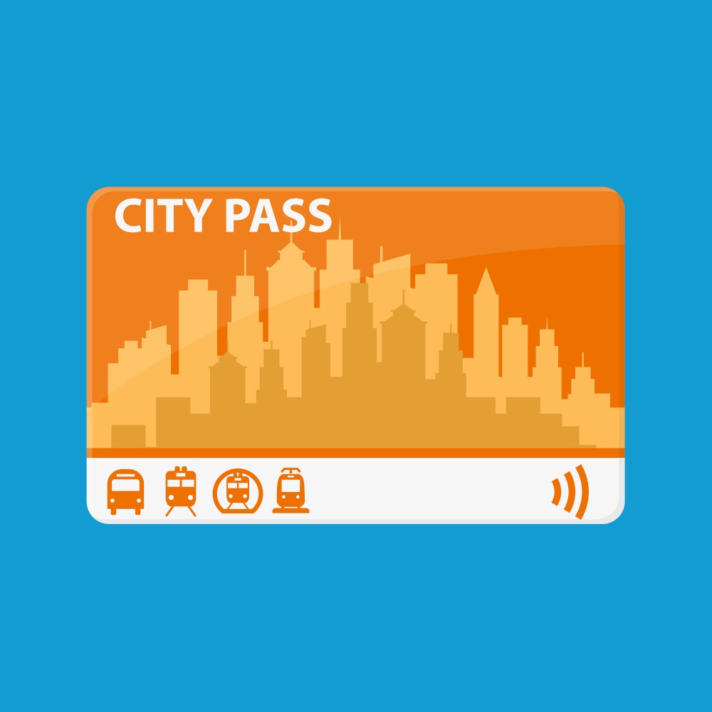 City pass. Bus, train, subway travel ticket with cashless payment system. Card with map of city with roards and houses. Vector illustration in flat style. City pass. Bus, train, subway,