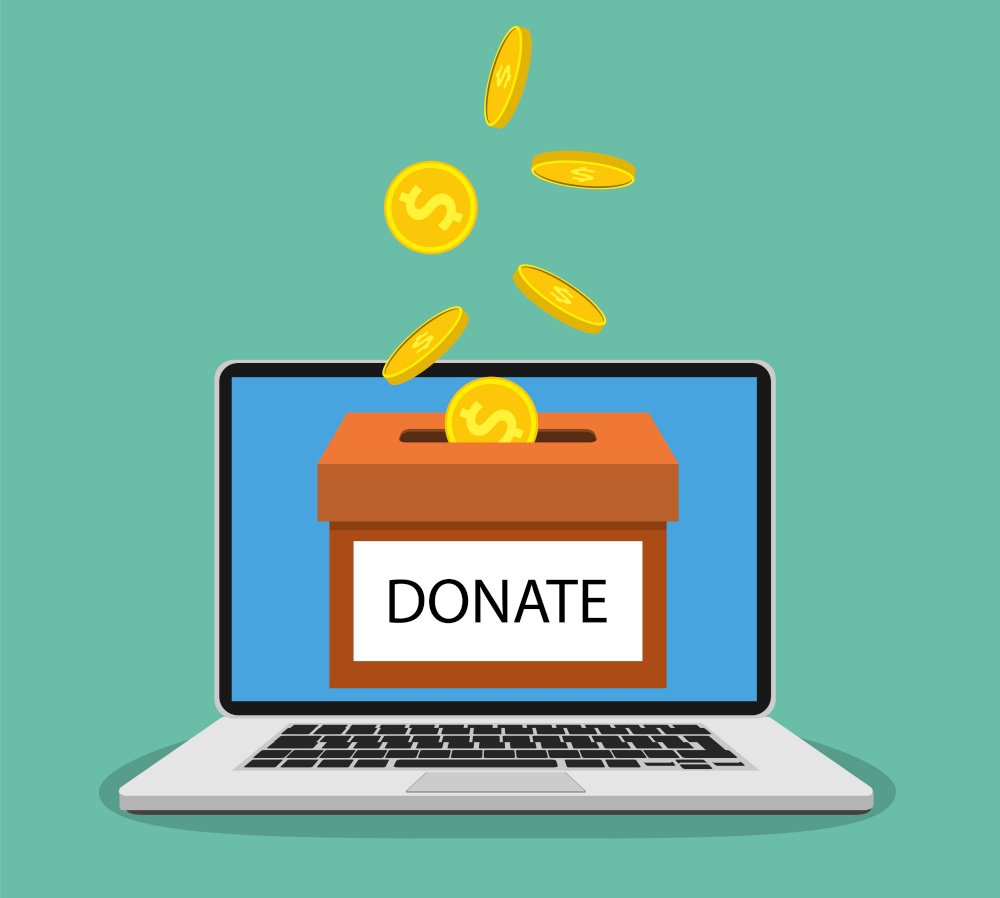 Donate online concept. Donate money with box Business, finance. coins depositing in a carton box. Vector illustration in flat style. Donate money with box