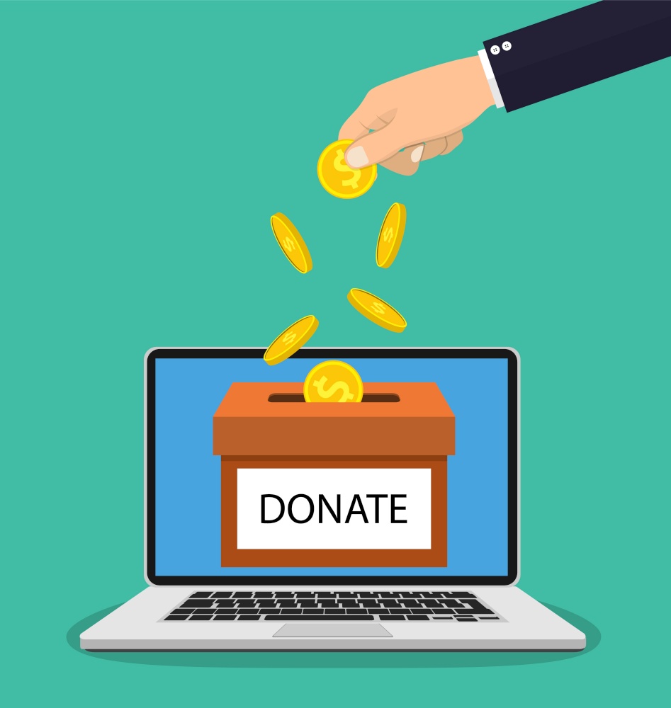 Donate online concept. Hand putting money bill in to the donation box. Vector illustration in flat style. Donate online concept.
